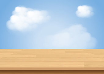 Wood table top on sky and cloud background. Vector illustration