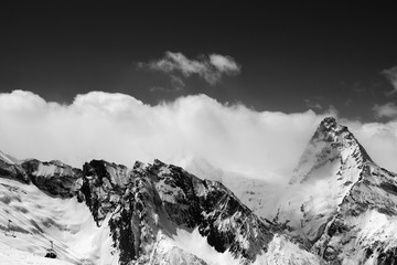 Black and white view on ski resort at snow winter