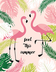 Cute exotic tropical background with cartoon characters of two pink flamingos