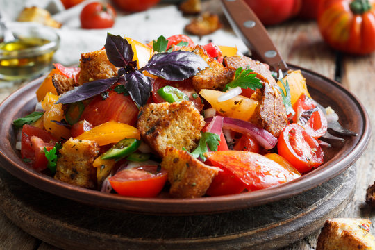 Panzanella, traditional Italian salad with tomatoes and bread