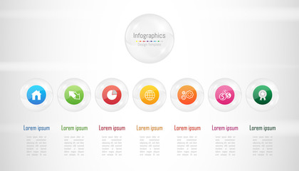 Infographic design elements for your business data with 7 options, parts, steps, timelines or processes. Transparent glass sphere concept, Vector Illustration.