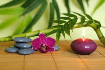 Galets gris disposés en mode de vie zen avec une orchidée,une bougie allumée ,un branche de bambou et des feuillages