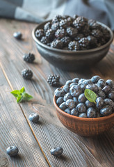 Fototapeta na wymiar Bowls of blackberries and blueberries