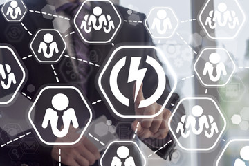 Attention Risk Management Business concept. Businessman presses flash button on virtual graphical user interface.