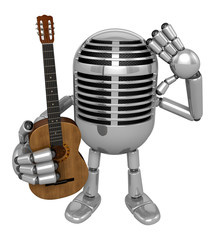 3D Classic Microphone is holding acoustic guitar. 3D Classic Microphone Robot Character Series.