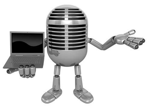 3D Classic Microphone Mascot the right hand guides and left hand is holding a laptop. 3D Classic Microphone Robot Character Series.