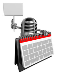 3D Classic Microphone Mascot hand is holding a picket and desk calendar. 3D Classic Microphone Robot Character Series.
