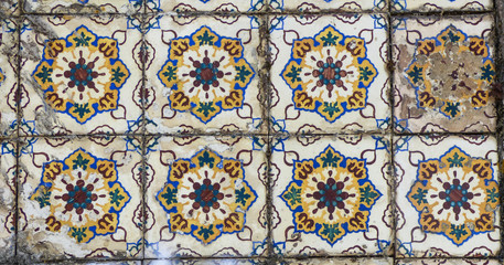 Colorful antique portuguese tiles (azulejos) in Cacilhas, Almada