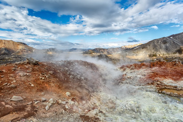 Thermal springs and mountains in Landmannalaugar valley in Iceland