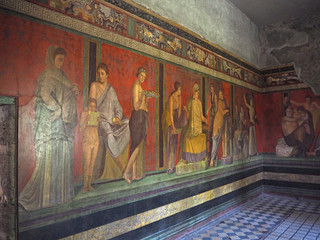 wall fresco in Pompeii house Villa of the Mysteries, before 79 C.E - obrazy, fototapety, plakaty