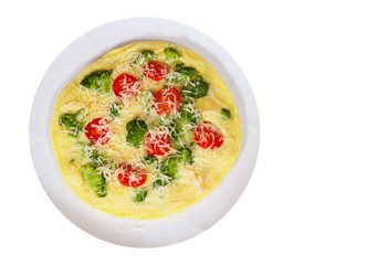 omelet with tomato, broccoli and cheese. top view. isolated on white