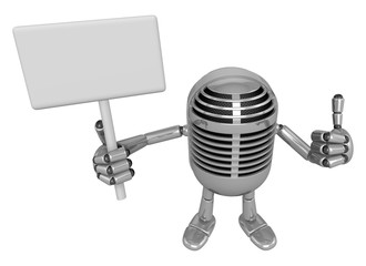 3D Classic Microphone Mascot the right hand best gesture and left hand is holding a picket. 3D Classic Microphone Robot Character Series.