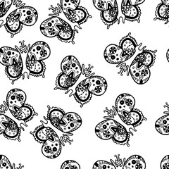 Butterfly cat pattern. Black and white hand drawn vector art.