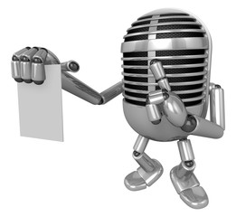 3D Classic Microphone to right hand hush gestures and left hand is holding a document. 3D Classic Microphone Robot Character Series.