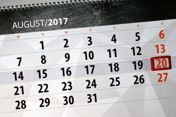 Business calendar planner for August 2017