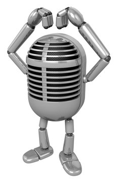 3D Classic Microphone Mascot gesture of love in To the left toward. 3D Classic Microphone Robot Character Series.