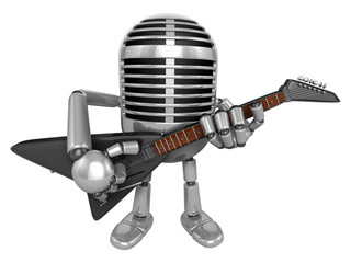3D Classic Microphone Mascot to be playing the electric guitar. 3D Classic Microphone Robot Character Series.