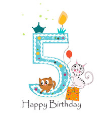 Happy fifth birthday with cats baby boy greeting card 