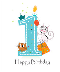 Happy first birthday with cute cats baby boy greeting card 