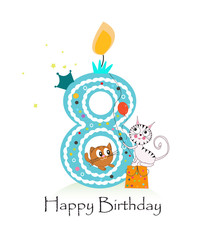 Happy eigth birthday candle with cute cats. Birthday greeting card