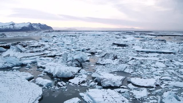 Aerial shot, frozen glaciers in Iceland