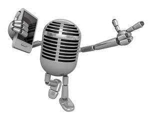 3D Classic Microphone Mascot the left hand guides and the right hand is holding a Smart Phone. 3D Classic Microphone Robot Character Series.