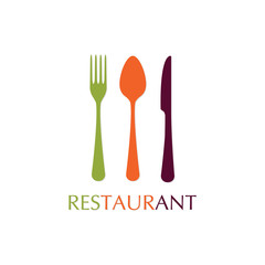 Fototapeta na wymiar Spoon, fork and knife icons. Restaurant emblem template. Colorful vector illustration in flat style.