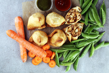 Indian special traditional street food punjabi samosa or Coxinha, Croquete and other Fried Brazilian Snacks