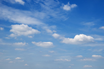 Blue beautiful sky with snow-white clouds of different shapes, background
