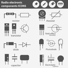 Electronic and radio components vector icon set in flat style