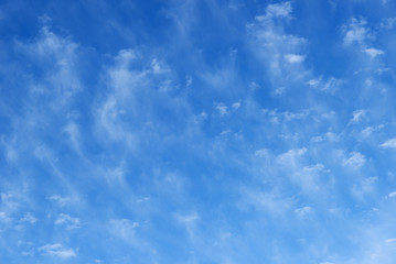 Blue beautiful sky with snow-white clouds of different shapes, background