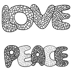 Coloring page with love and peace word