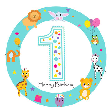 Happy first birthday candle and animals