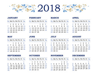 Fototapeta na wymiar Vector calendar for 2018 on white background.