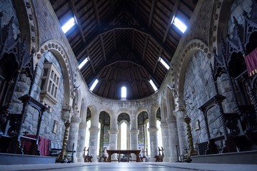 Fototapeta na wymiar Church interior light stone wooden ceiling