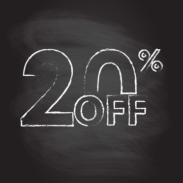20% off. Sale and discount price sign or icon isolated on blackboard texture with chalk rubbed background. Sales design template. Shopping and low price symbol. Vector illustration.