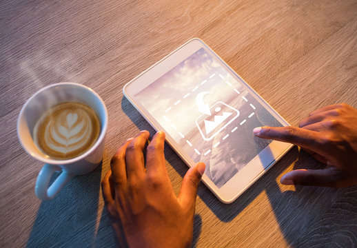User with Tablet and Coffee Mockup 3