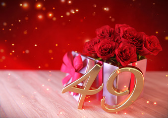 birthday concept with red roses in the gift on wooden desk. forty-nineth. 49th. 3D render