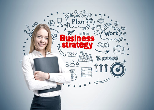 Smiling blonde woman, business strategy