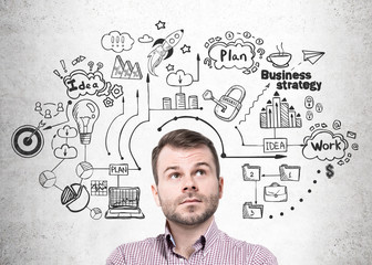 Bearded man in shirt and business scheme