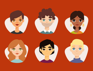Set of diverse round avatars with facial features different nationalities clothes and hairstyles people characters vector illustration