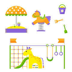 Obraz premium Children playground fun childhood play park activity place recreation swing equipment toy kindergarten amusement vector illustration