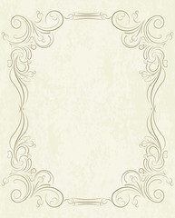 Old frame on aged paper with empty space for text. Retro vintage greeting card, invitation or template for notes.