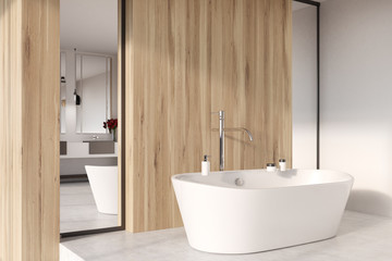 Wooden bathroom, shower, tub close up