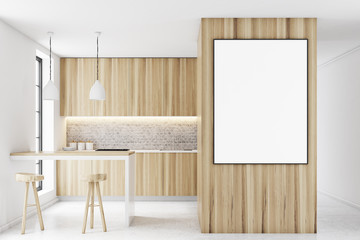 Wooden kitchen interior with a bar, poster