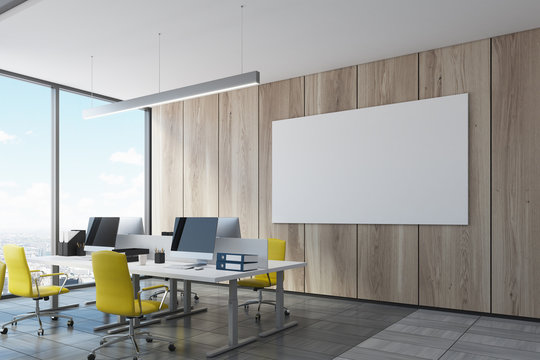 Wooden wall open office interior poster