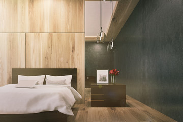 Wooden and black bedroom interior toned