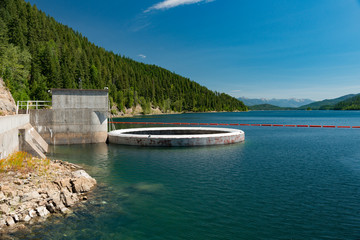 View of the South Fork Flathead River in Montana and the bell-mouth spillway as seen from the...