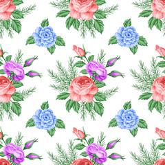 Seamless pattern with roses and flowers. Vector Illustration in retro style