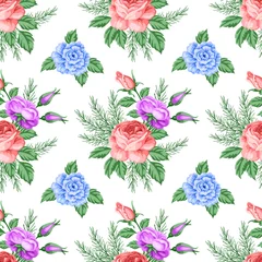 Foto op Canvas Seamless pattern with roses and flowers. Vector Illustration in retro style © nonikastar